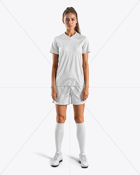 A Young Woman Wearing a Full V-Neck Soccer Kit Mockup