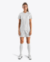 A Young Woman Wearing a Full V-Neck Soccer Kit Mockup