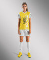 A Young Woman Wearing a Full V-Neck Soccer Kit Mockup