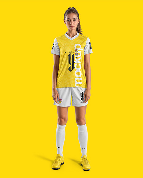 A Young Woman Wearing a Full V-Neck Soccer Kit Mockup