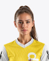 A Young Woman Wearing a Full V-Neck Soccer Kit Mockup