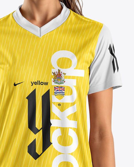 A Young Woman Wearing a Full V-Neck Soccer Kit Mockup