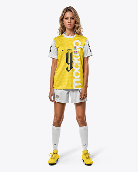 A Young Woman Wearing a Crew Neck Full Soccer Kit Mockup - Mockup kit soccer