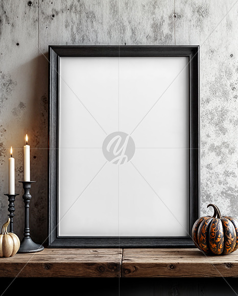Picture in a Wooden Frame with Pumpkins and Candles Mockup