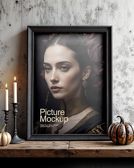 Picture in a Wooden Frame with Pumpkins and Candles Mockup