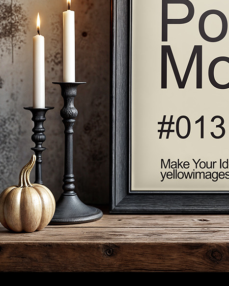 Picture in a Wooden Frame with Pumpkins and Candles Mockup