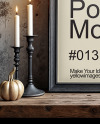 Picture in a Wooden Frame with Pumpkins and Candles Mockup