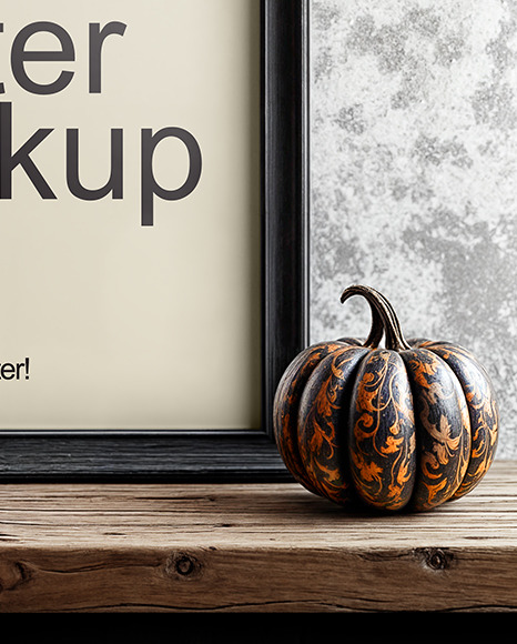 Picture in a Wooden Frame with Pumpkins and Candles Mockup