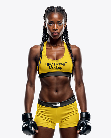 Black Female UFC Fighter Wearing Sports Bra and Short Mockup - Sport t shirt mockup