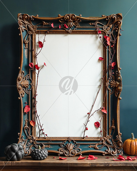Picture in a Halloween Themed Antique Frame with Pumpkins and Branches Mockup