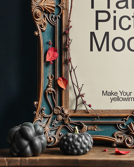 Picture in a Halloween Themed Antique Frame with Pumpkins and Branches Mockup