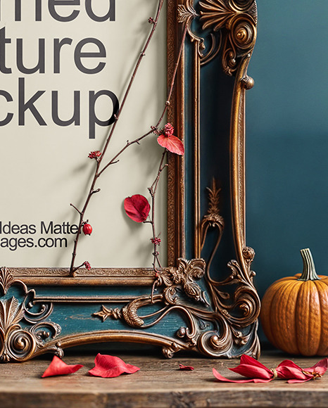 Picture in a Halloween Themed Antique Frame with Pumpkins and Branches Mockup