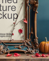 Picture in a Halloween Themed Antique Frame with Pumpkins and Branches Mockup