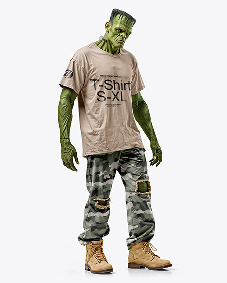 Frankenstein's Monster Wearing T-Shirt and Ripped Pants Mockup - Free+Vector+|+White+t-shirt+mockup,+t+shirt+with+short+sleeves