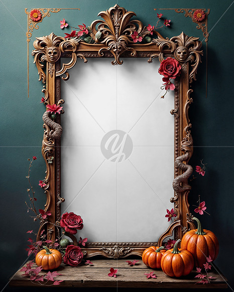 Picture in a Halloween Themed Antique Frame with Pumpkins and Roses Mockup