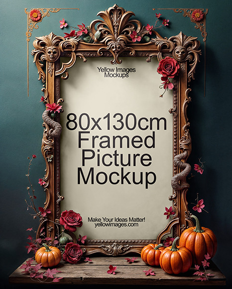 Picture in a Halloween Themed Antique Frame with Pumpkins and Roses Mockup - Poster 3d mockup