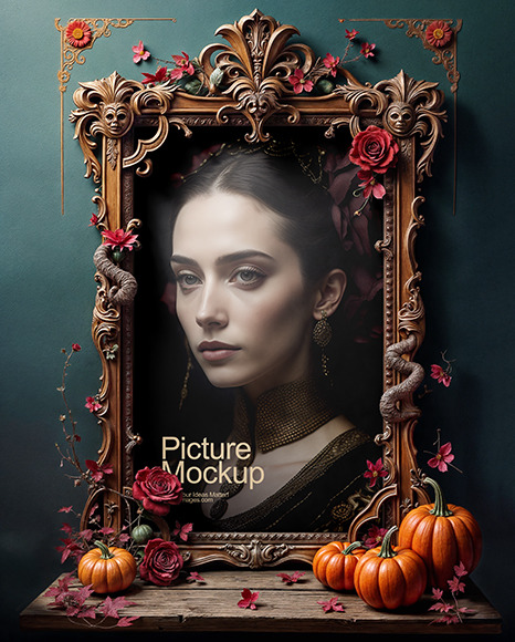 Picture in a Halloween Themed Antique Frame with Pumpkins and Roses Mockup
