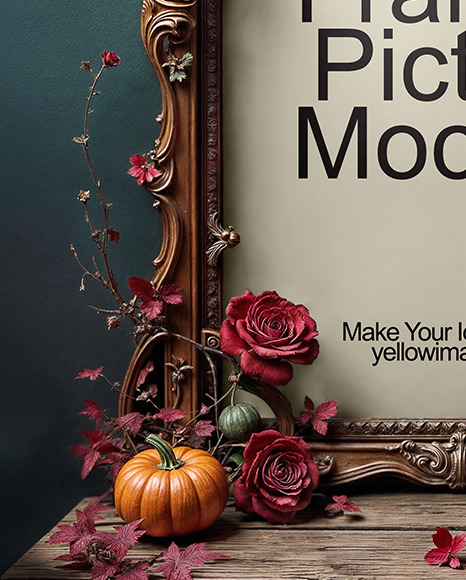 Picture in a Halloween Themed Antique Frame with Pumpkins and Roses Mockup