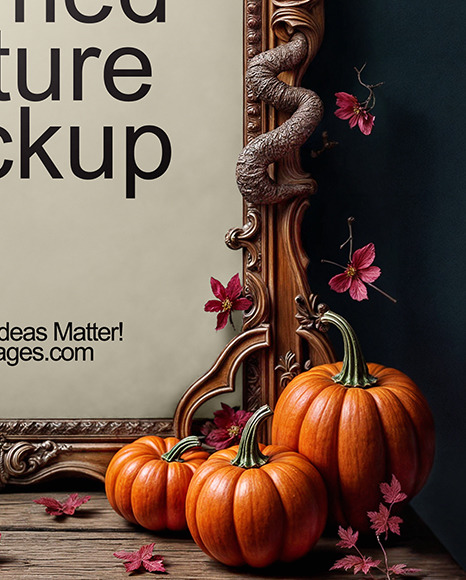 Picture in a Halloween Themed Antique Frame with Pumpkins and Roses Mockup