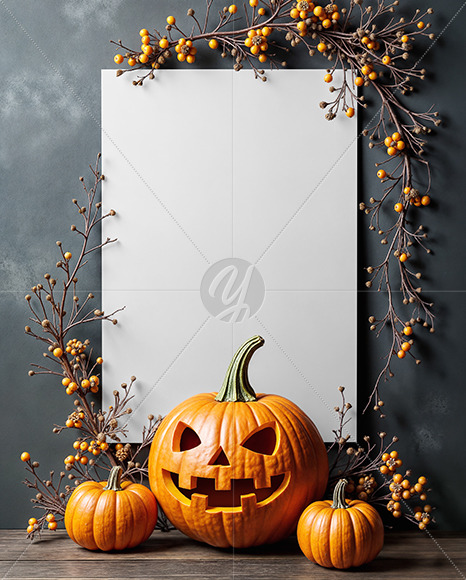 Poster on a Wall with Branches and Pumpkins Mockup