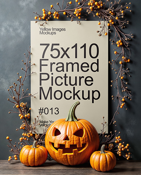 Poster on a Wall with Branches and Pumpkins Mockup - Mockup home decor