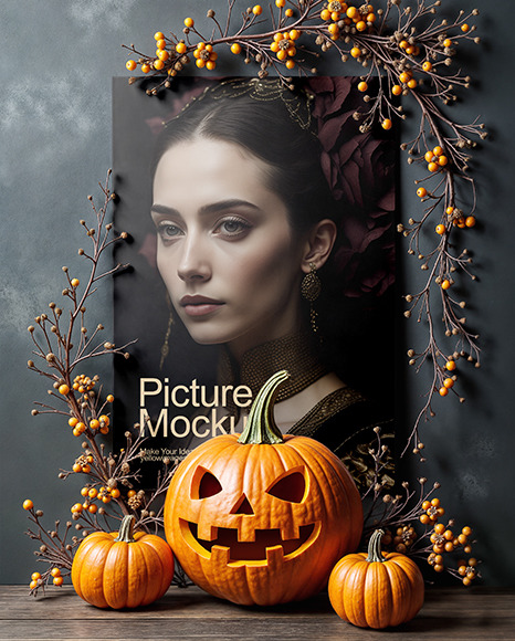 Poster on a Wall with Branches and Pumpkins Mockup