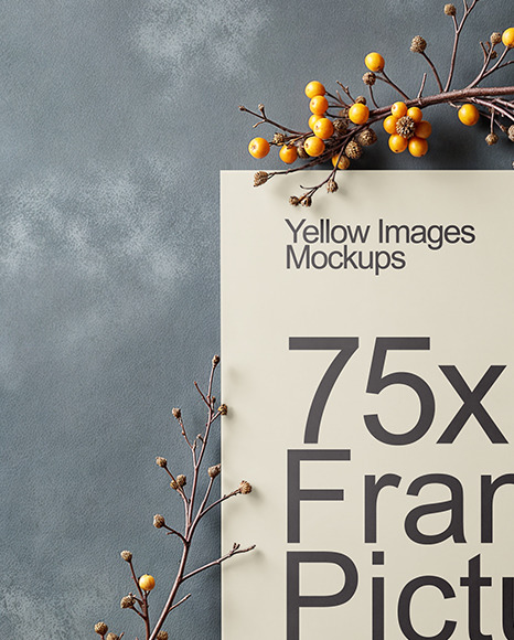 Poster on a Wall with Branches and Pumpkins Mockup