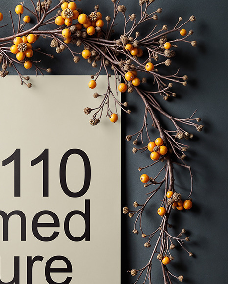 Poster on a Wall with Branches and Pumpkins Mockup