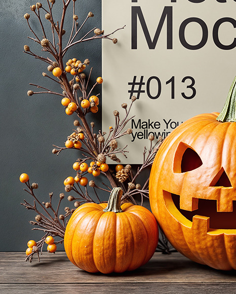 Poster on a Wall with Branches and Pumpkins Mockup