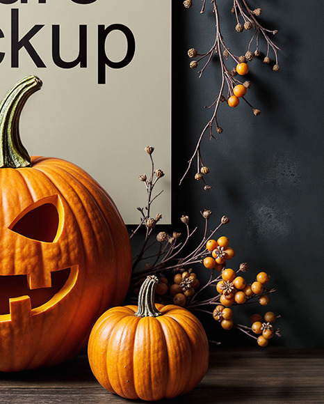 Poster on a Wall with Branches and Pumpkins Mockup