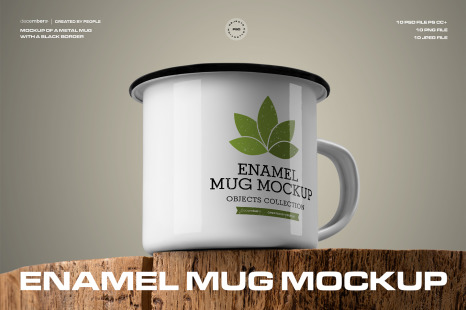 10 Mockups of Enamel Metal Mug with Black Border on Old Wood - Traveling