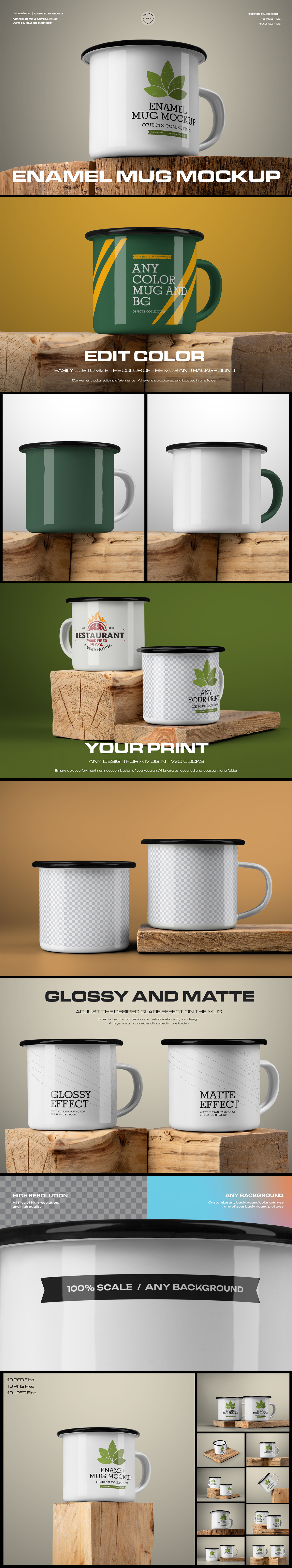 10 Mockups of Enamel Metal Mug with Black Border on Old Wood 10 Mockups of Enamel Metal Mug with Black Border on Old Wood
