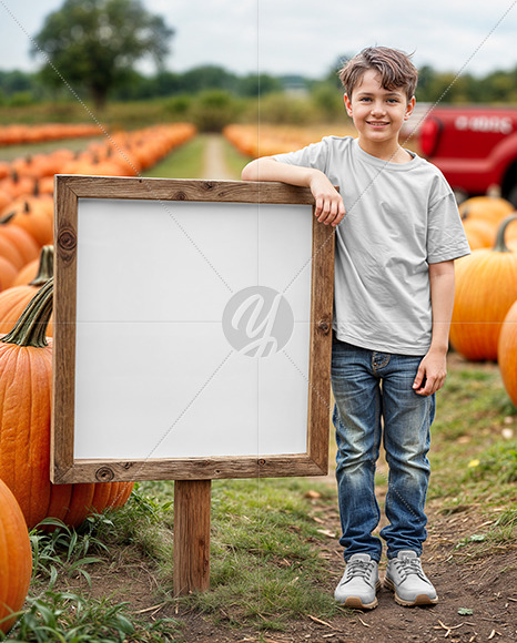 Boy Leaned Hand on Sign at Pumpkin Patch Mockup