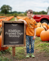 Boy Leaned Hand on Sign at Pumpkin Patch Mockup