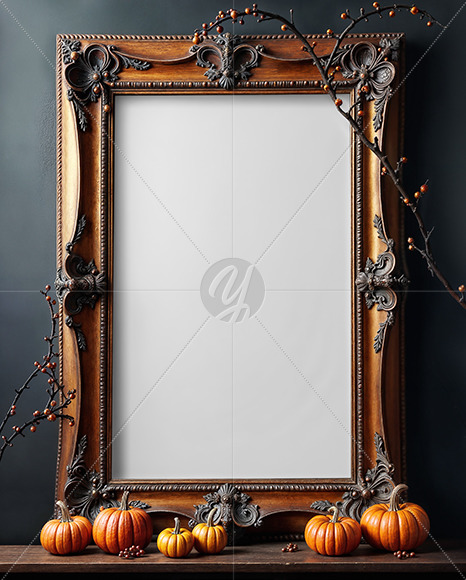 Picture in a Halloween Themed Antique Frame with Pumpkins and Branches Mockup