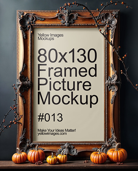 Picture in a Halloween Themed Antique Frame with Pumpkins and Branches Mockup - Poster Wall mockup