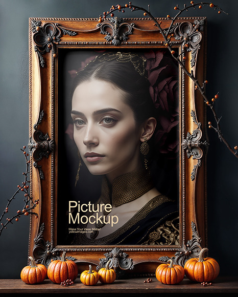 Picture in a Halloween Themed Antique Frame with Pumpkins and Branches Mockup