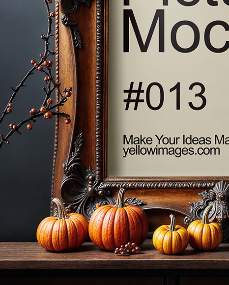 Picture in a Halloween Themed Antique Frame with Pumpkins and Branches Mockup