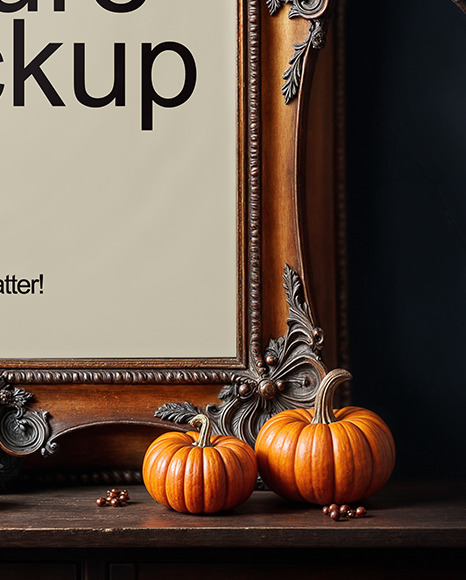 Picture in a Halloween Themed Antique Frame with Pumpkins and Branches Mockup