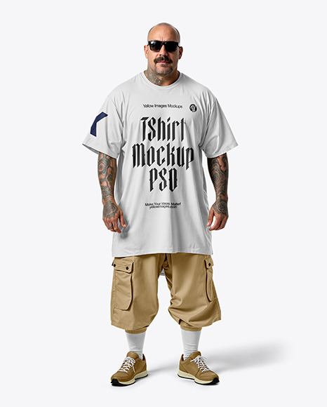 Bald Latino Man Wearing an Oversize T-Shirt and Cargo Pants Mockup - Styled+Stock+Photography+