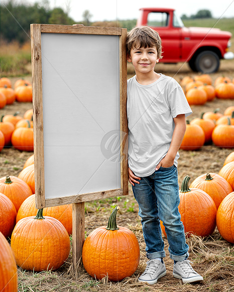 Boy Standing Next to Wooden Framed Sign at Pumpkin Patch Mockup