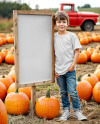 Boy Standing Next to Wooden Framed Sign at Pumpkin Patch Mockup