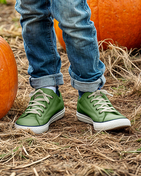 Boy Standing Next to Wooden Framed Sign at Pumpkin Patch Mockup
