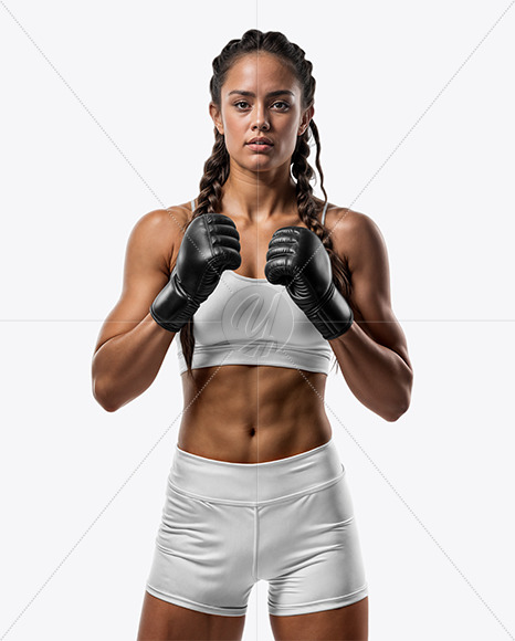 Female UFC Fighter with Pigtails Wearing Sports Bra and Shorts Mockup
