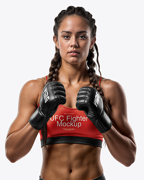 Female UFC Fighter with Pigtails Wearing Sports Bra and Shorts Mockup