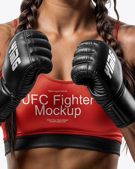 Female UFC Fighter with Pigtails Wearing Sports Bra and Shorts Mockup