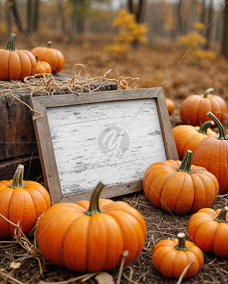 Wooden Framed Sign at Pumpkin Patch Mockup