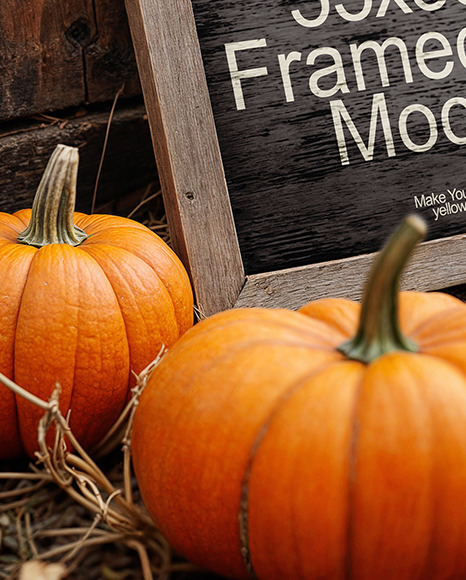 Wooden Framed Sign at Pumpkin Patch Mockup
