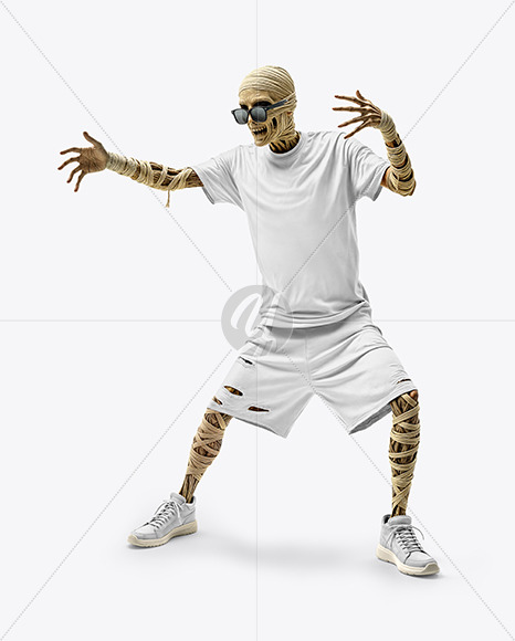 Undead Mummy in Sunglasses Wearing T-shirt and Baggy Shorts Mockup