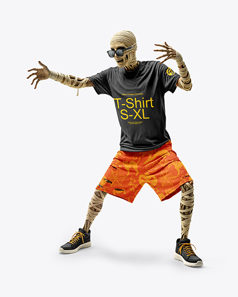 Undead Mummy in Sunglasses Wearing T-shirt and Baggy Shorts Mockup - Brazil Mockups